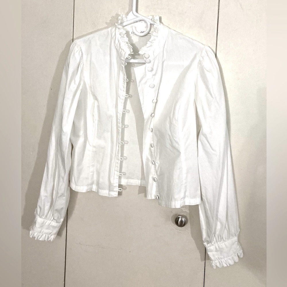 Kara Thoms High Neck Ruffle Balloon Sleeve Button  Up Shirt White  Size S